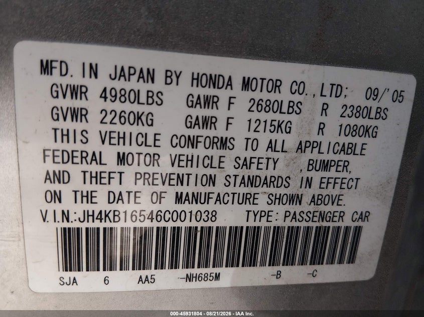 ACURA RL 2006 VIN JH4KB16546C001038