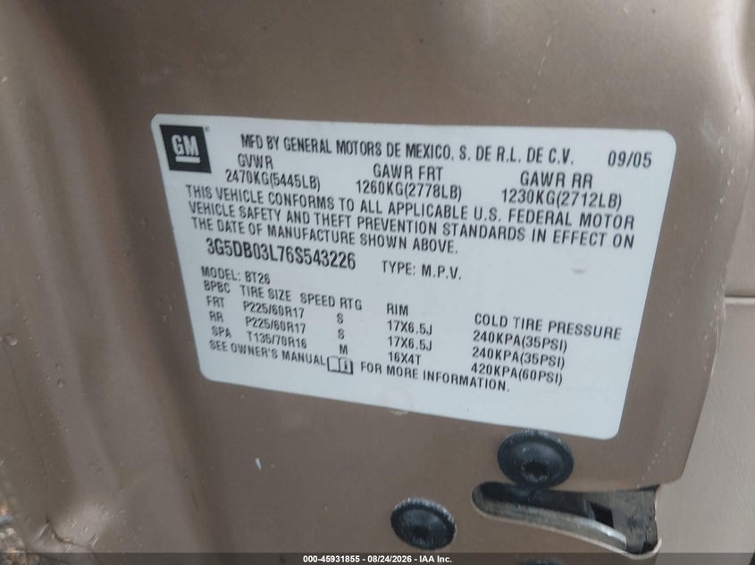 BUICK RENDEZVOUS 2006 VIN 3G5DB03L76S543226