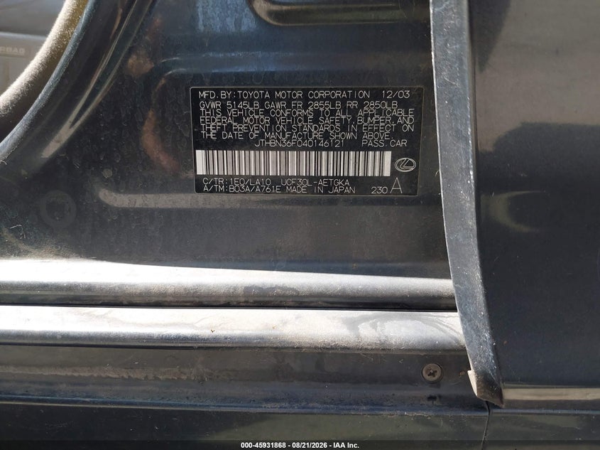 LEXUS LS 430 2004 VIN JTHBN36F040146121
