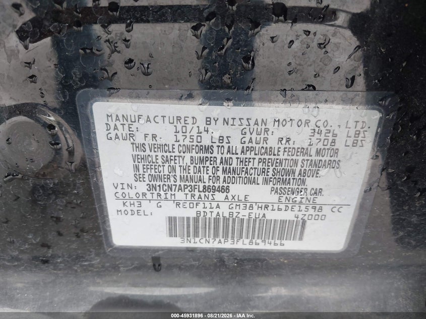2015 NISSAN VERSA SEDAN 1.6L I-4 DOHC, VVT, 109HP