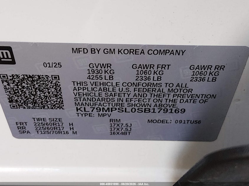 CHEVROLET TRAILBLAZER 2025 VIN KL79MPSL0SB179169