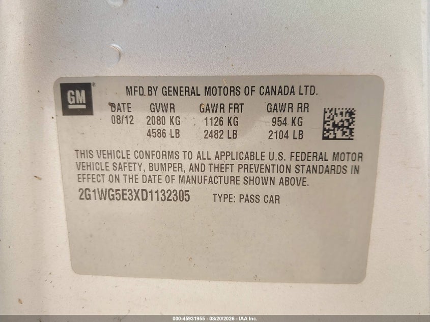 CHEVROLET IMPALA 2013 VIN 2G1WG5E3XD1132305