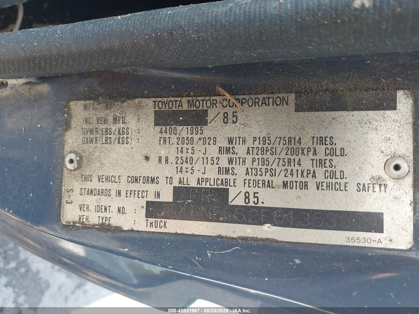 TOYOTA PICKUP 1985 VIN JT4RN56S2F0135357