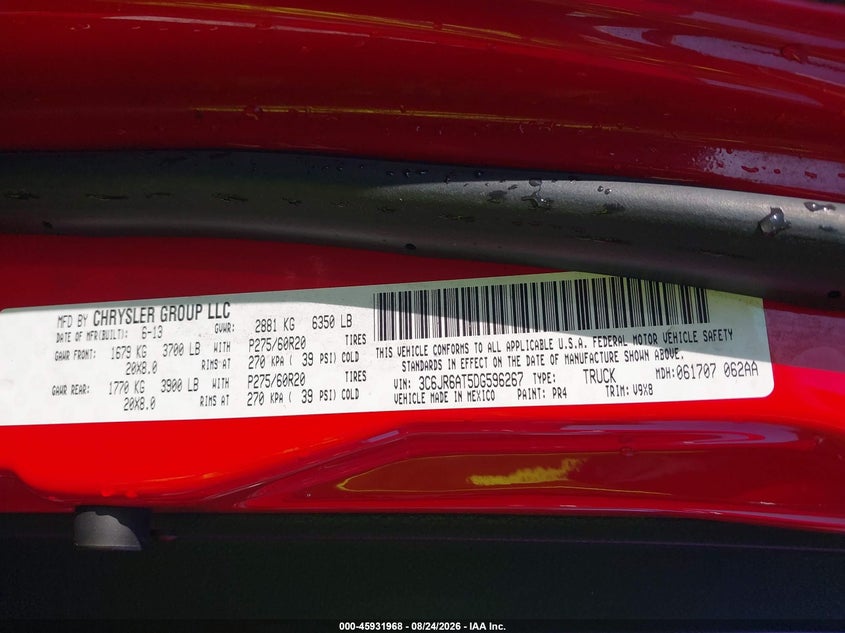 RAM 1500 2013 VIN 3C6JR6AT5DG596267