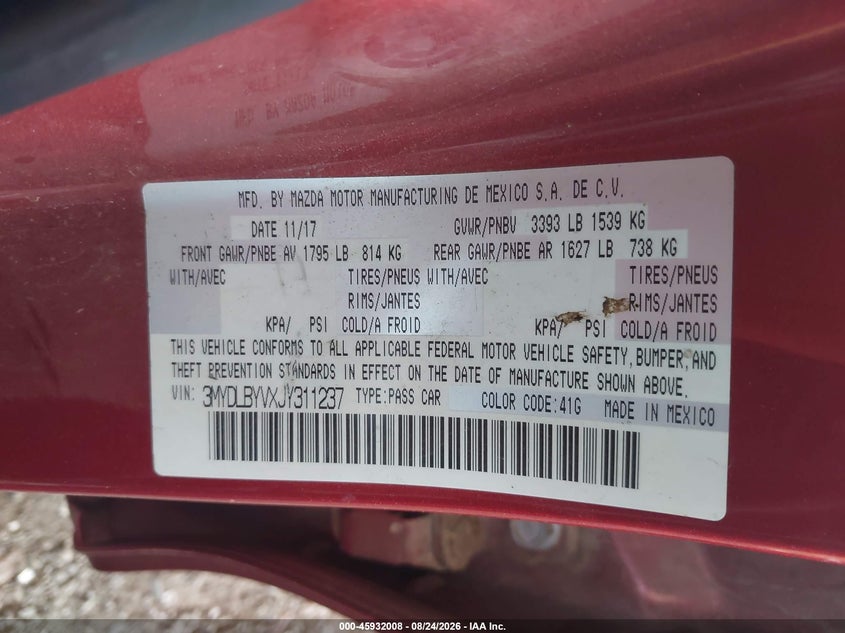 TOYOTA YARIS IA 2018 VIN 3MYDLBYVXJY311237
