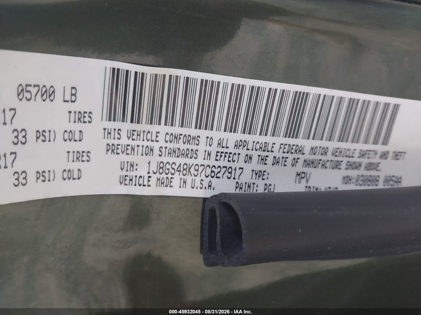 JEEP GRAND CHEROKEE 2007 VIN 1J8GS48K97C627917