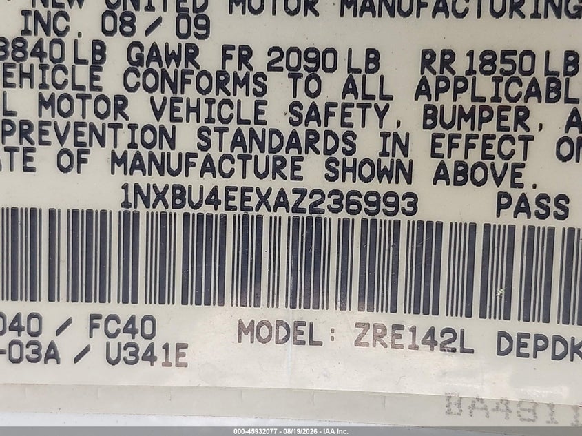 2010 TOYOTA COROLLA SEDAN 1.8L I-4 DOHC, VVT, 132HP