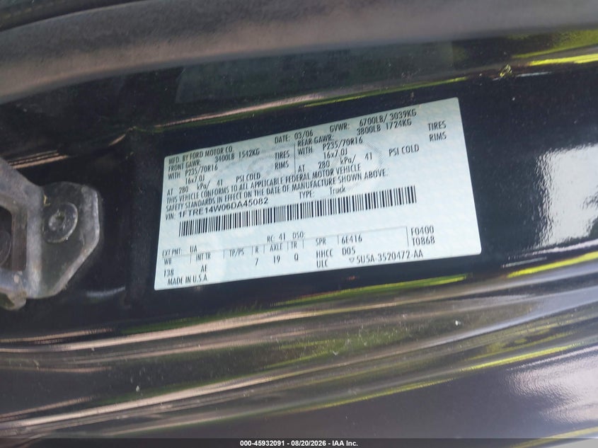 FORD E-150 2006 VIN 1FTRE14W06DA45082