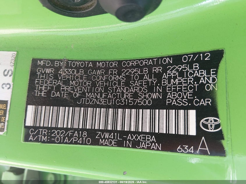 TOYOTA PRIUS V 2012 VIN JTDZN3EU1C3157500