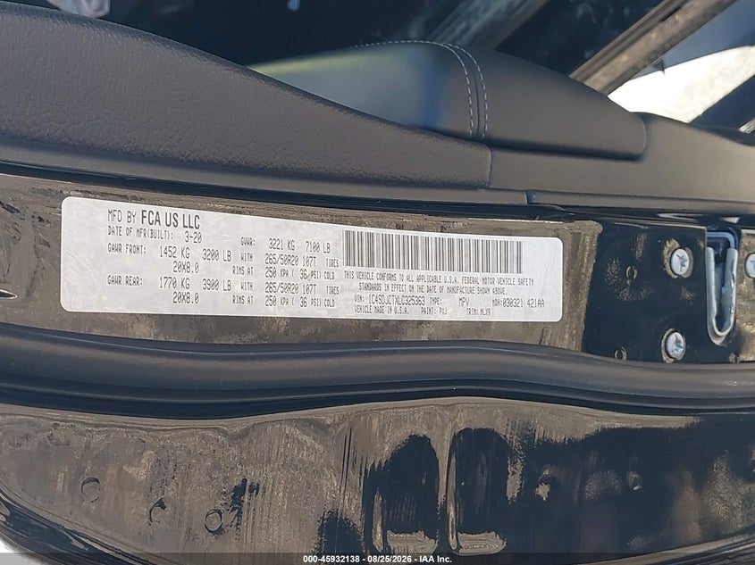DODGE DURANGO 2020 VIN 1C4SDJCTXLC325363