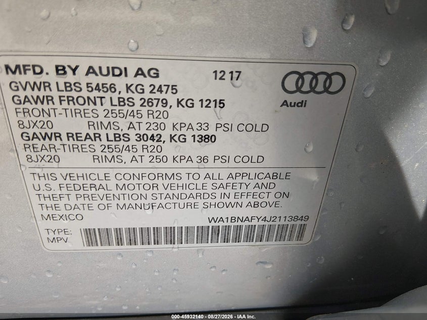 AUDI Q5 2018 VIN WA1BNAFY4J2113849