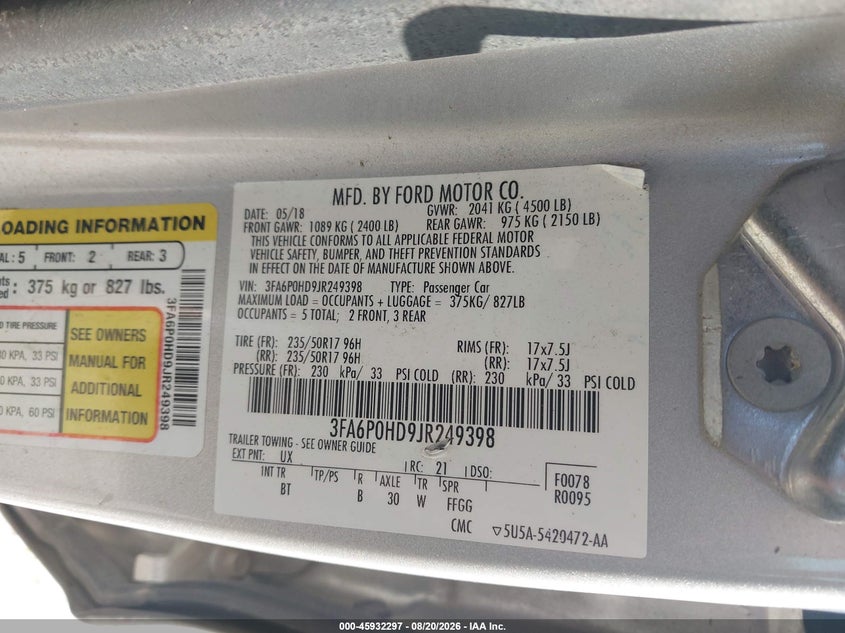 FORD FUSION 2018 VIN 3FA6P0HD9JR249398