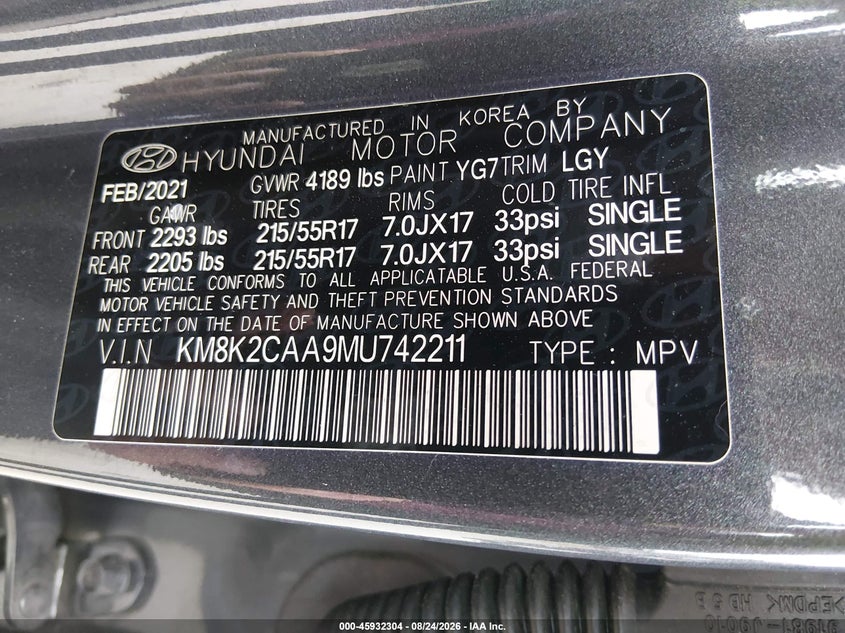 HYUNDAI KONA 2021 VIN KM8K2CAA9MU742211