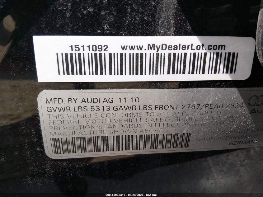 AUDI A6 2011 VIN WAUFGAFBXBN043591