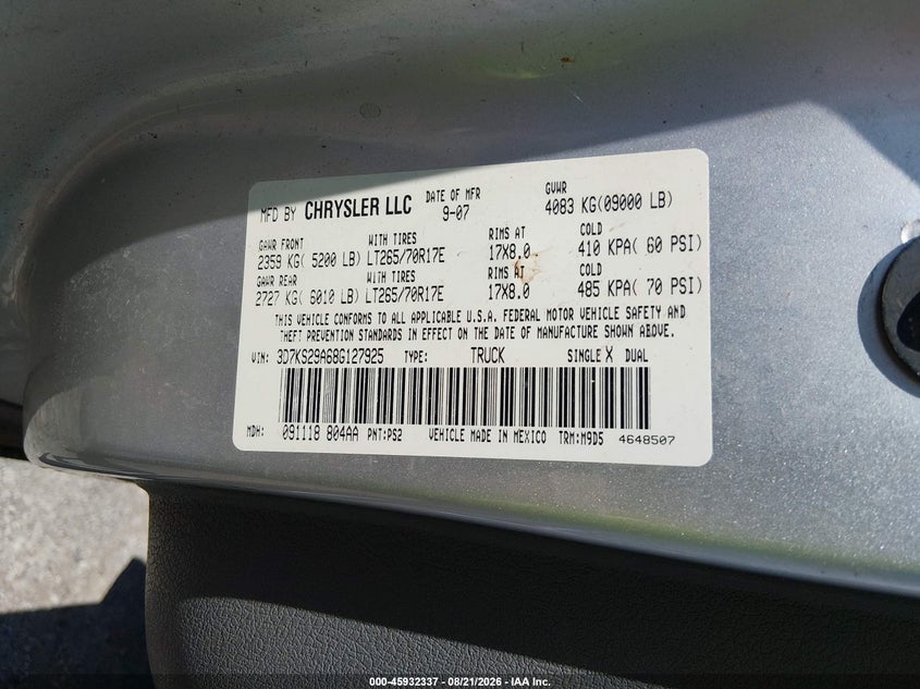 DODGE RAM 2500 2008 VIN 3D7KS29A68G127925