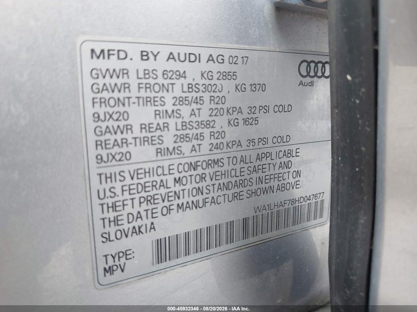 AUDI Q7 2017 VIN WA1LHAF78HD047677