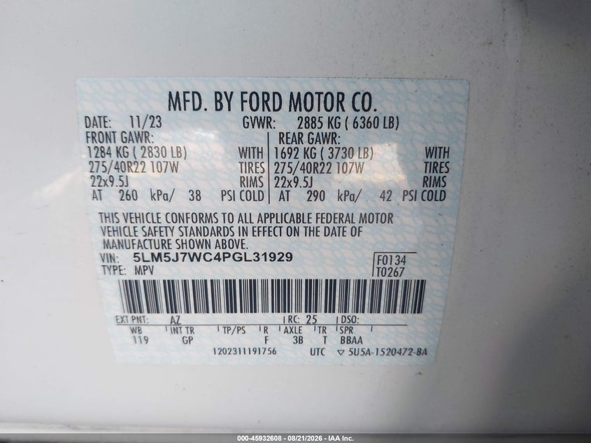 LINCOLN AVIATOR 2023 VIN 5LM5J7WC4PGL31929