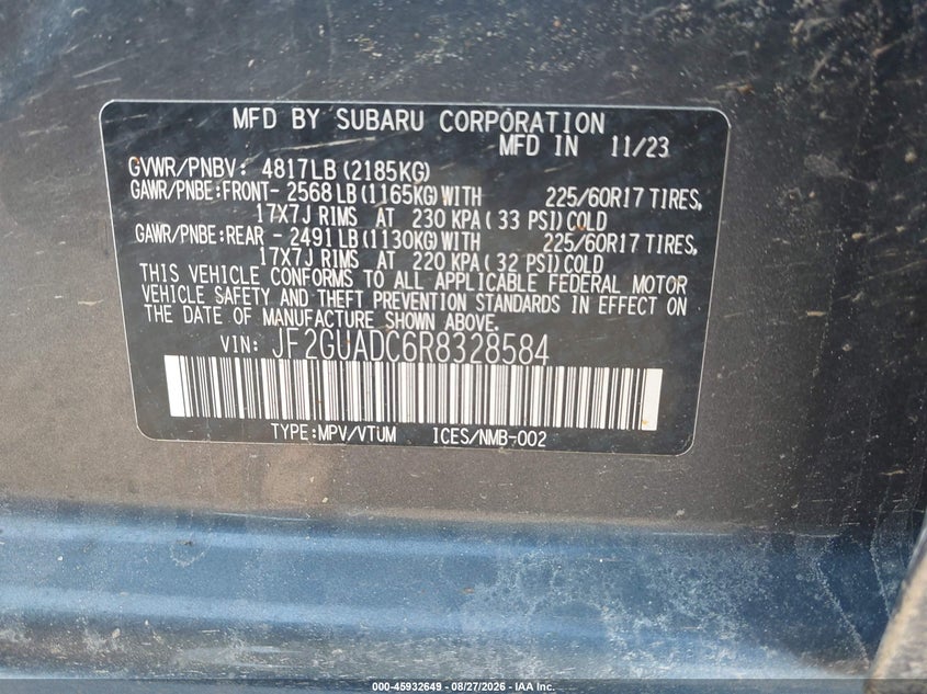 SUBARU CROSSTREK 2024 VIN JF2GUADC6R8328584