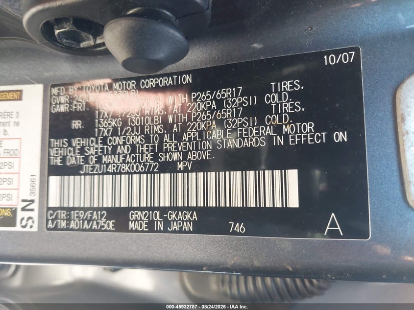 TOYOTA 4RUNNER 2008 VIN JTEZU14R78K006772