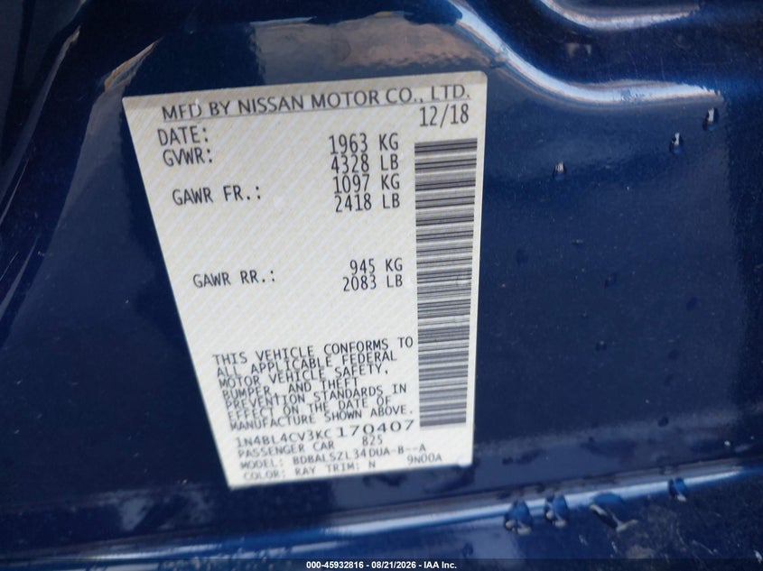 2019 NISSAN ALTIMA SEDAN 2.5L I-4 DI, DOHC, VVT, 182HP