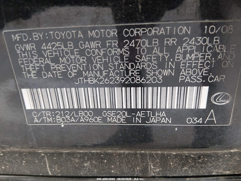 LEXUS IS 250 2009 VIN JTHBK262392086203