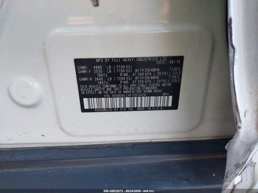 SUBARU OUTBACK 2015 VIN 4S4BSALC4F3353424