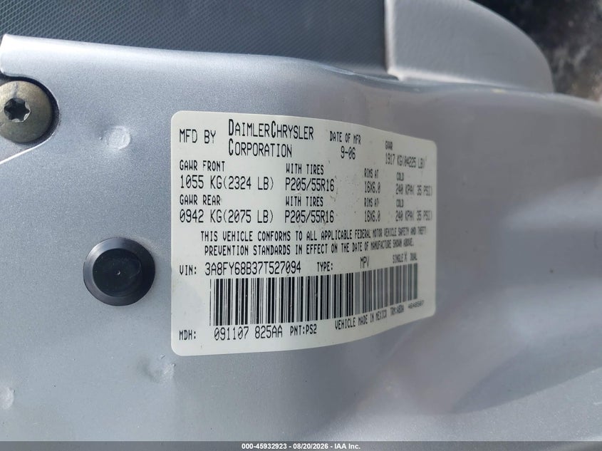 CHRYSLER PT CRUISER 2007 VIN 3A8FY68B37T527094
