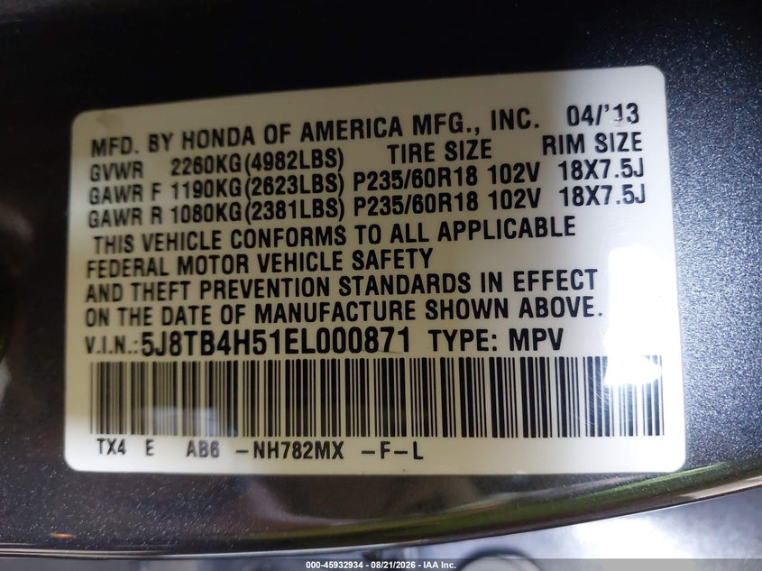 ACURA RDX 2014 VIN 5J8TB4H51EL000871