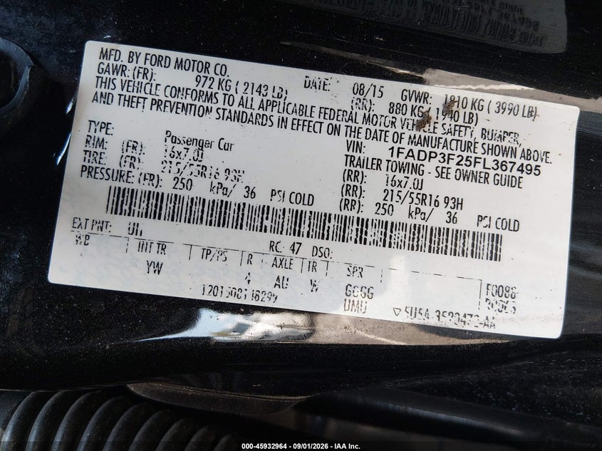 2015 FORD FOCUS SEDAN 2.0L I-4 DI, DOHC, VVT, 160HP