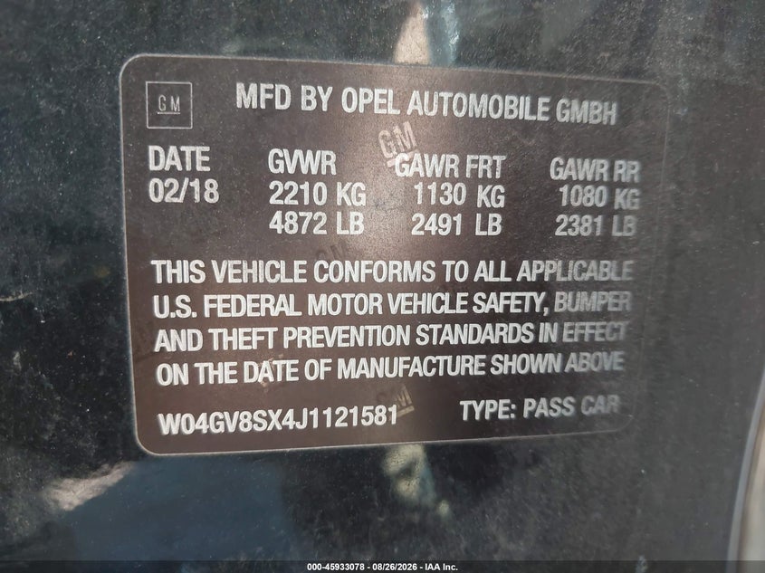 BUICK REGAL TOURX 2018 VIN W04GV8SX4J1121581