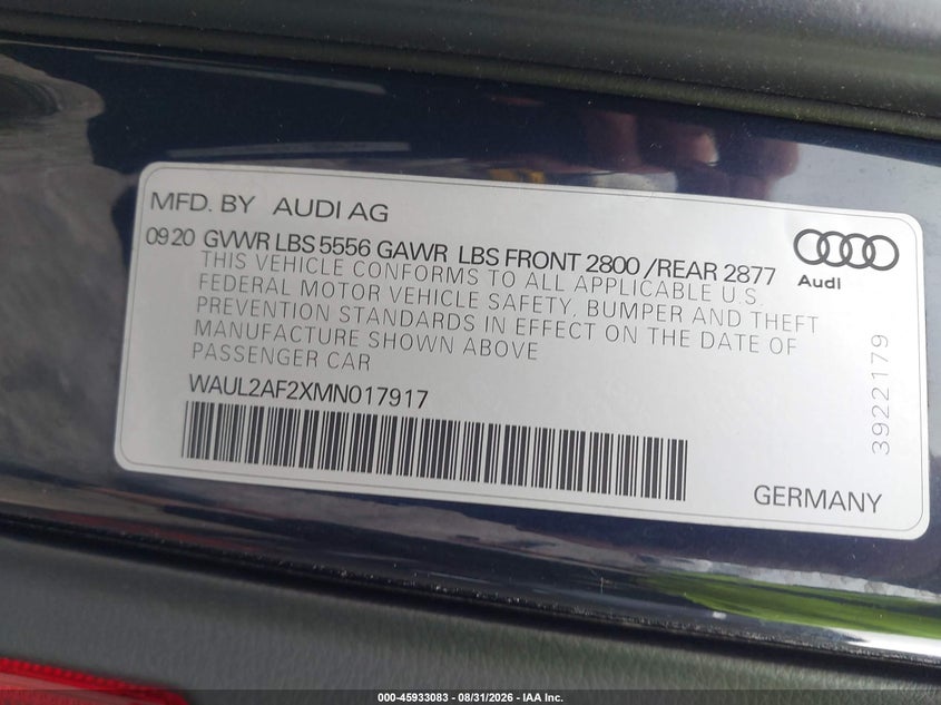 AUDI A6 2021 VIN WAUL2AF2XMN017917