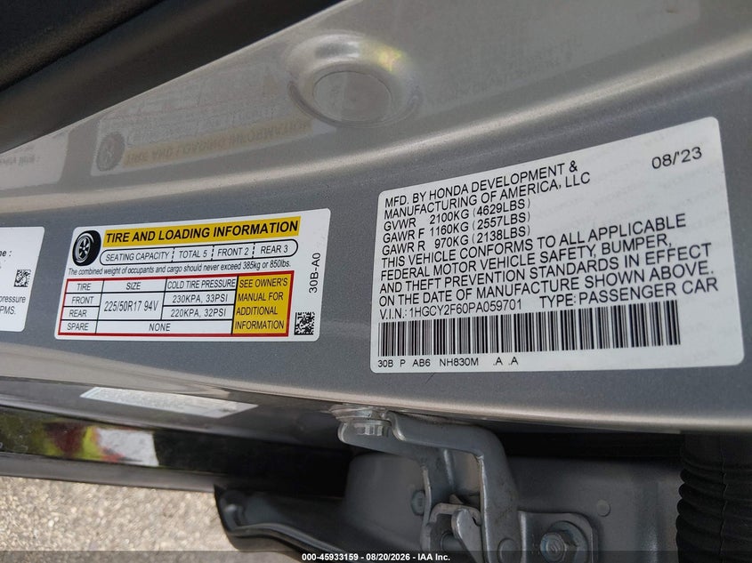 HONDA ACCORD HYBRID 2023 VIN 1HGCY2F60PA059701