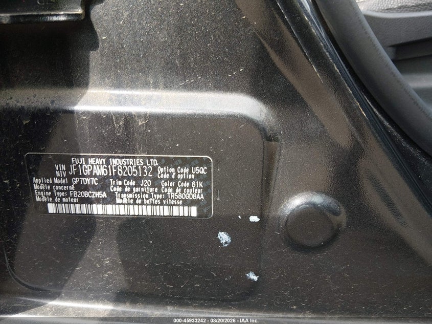 SUBARU IMPREZA 2015 VIN JF1GPAM61F8205132
