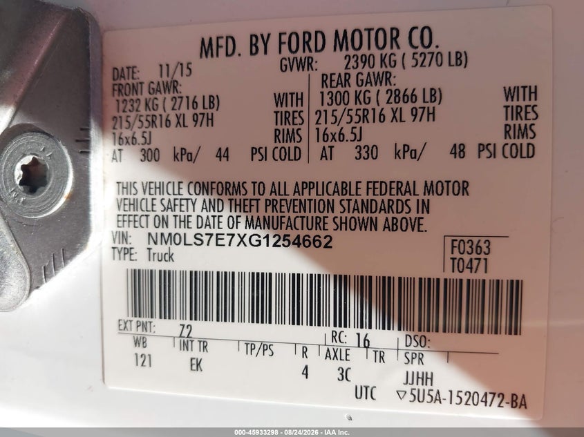 FORD TRANSIT CONNECT 2016 VIN NM0LS7E7XG1254662