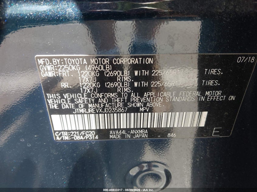 TOYOTA RAV4 HYBRID 2018 VIN JTMRJREVXJD235867