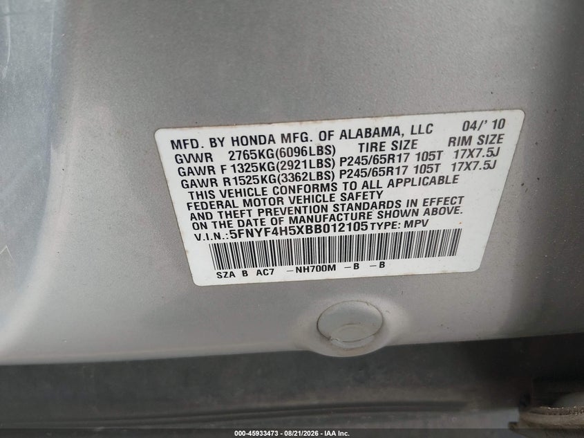 2011 HONDA PILOT SPORT UTILITY VEHICLE 3.5L V-6 VVT, 250HP