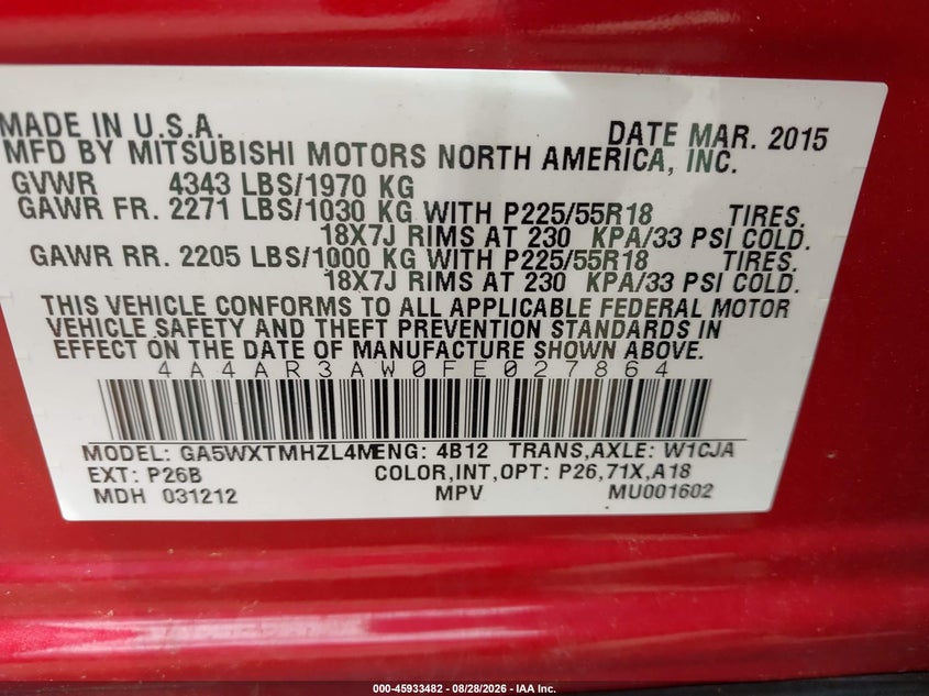 MITSUBISHI OUTLANDER SPORT 2015 VIN 4A4AR3AW0FE027864