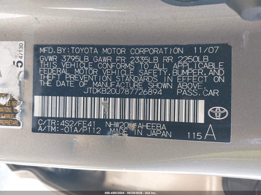 TOYOTA PRIUS 2008 VIN JTDKB20U787726894