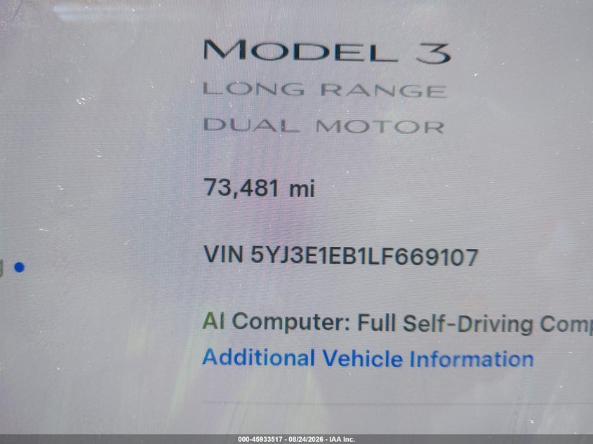 TESLA MODEL 3 2020 VIN 5YJ3E1EB1LF669107