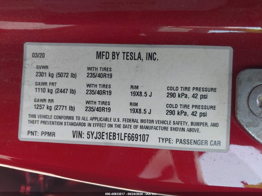 TESLA MODEL 3 2020 VIN 5YJ3E1EB1LF669107