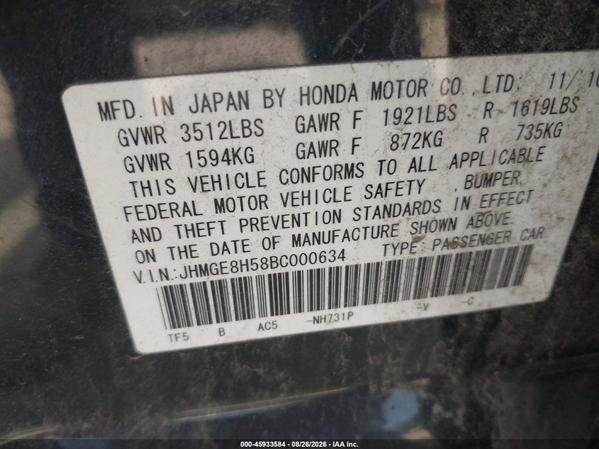 HONDA FIT 2011 VIN JHMGE8H58BC000634