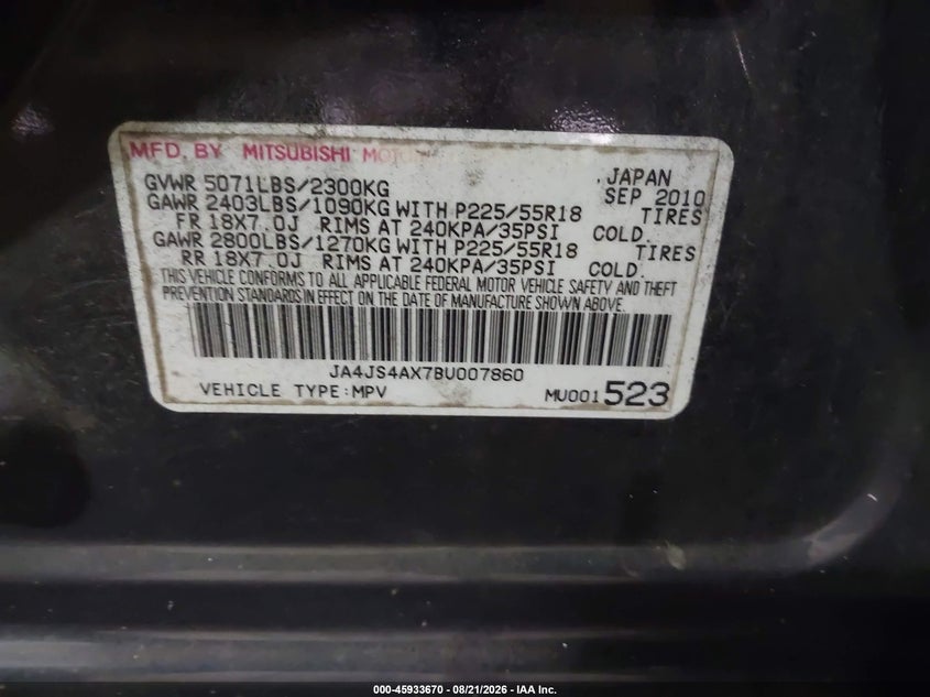 2011 MITSUBISHI OUTLANDER SPORT UTILITY VEHICLE 3.0L V-6 VVT, 230HP