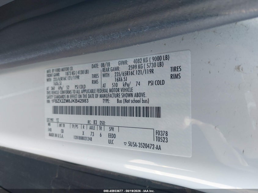 2018 FORD TRANSIT WAGON 3.7L V-6 DOHC, VVT, 275HP