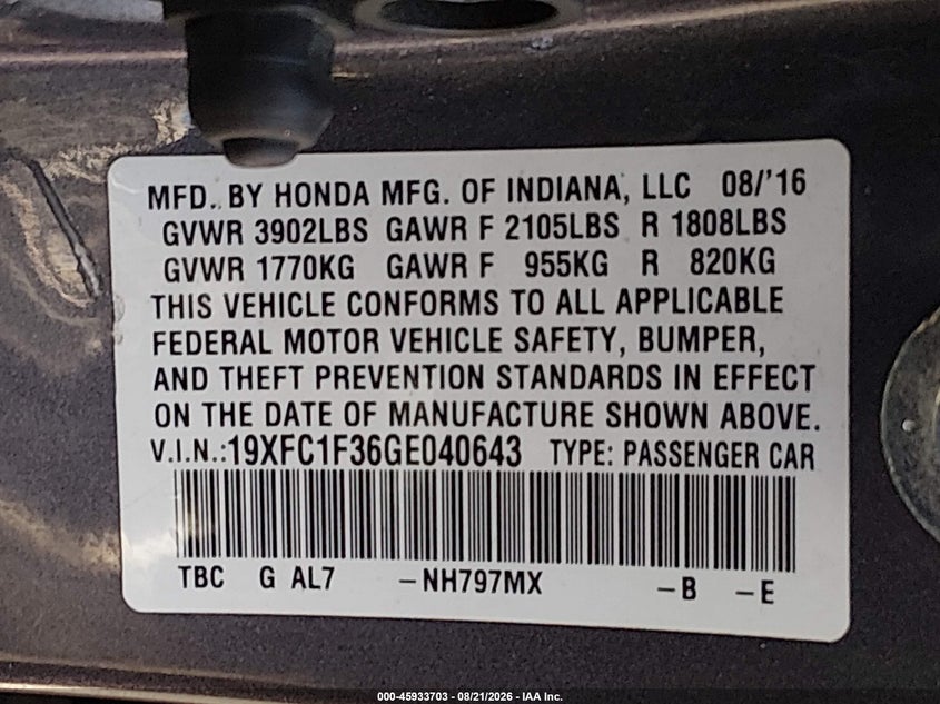 2016 HONDA CIVIC SEDAN 1.5L I-4 DI, DOHC, VVT, TURBO, 174HP