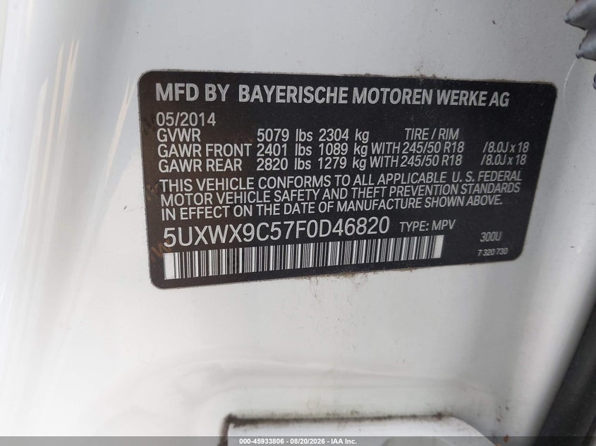 2015 BMW X3 SPORT UTILITY VEHICLE 2.0L I-4 DI, DOHC, VVT, TURBO, 240HP