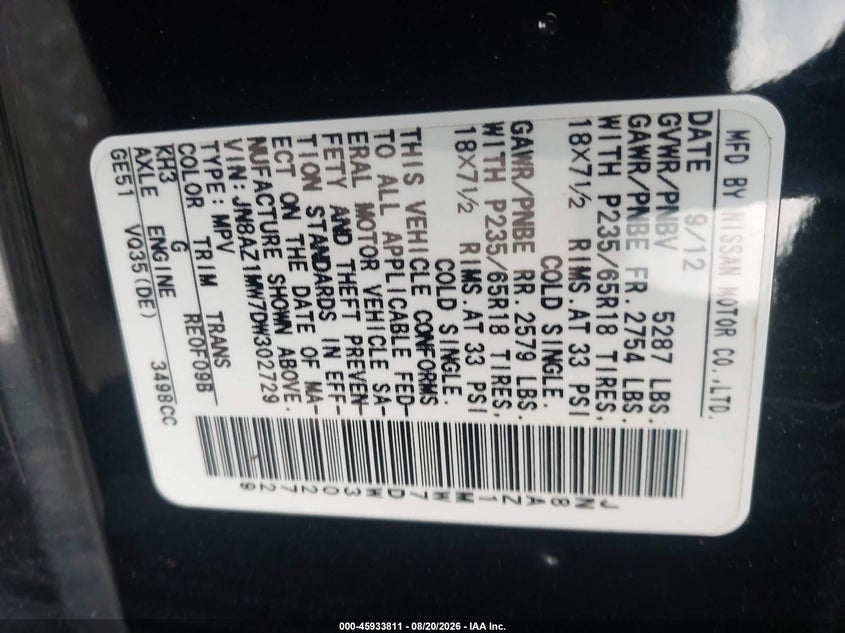 NISSAN MURANO 2013 VIN JN8AZ1MW7DW302729
