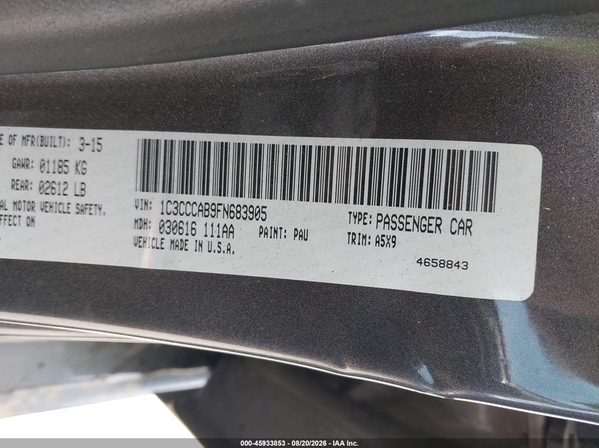 CHRYSLER 200 2015 VIN 1C3CCCAB9FN683905