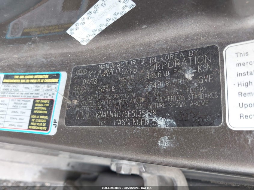 KIA CADENZA 2014 VIN KNALN4D76E5135178