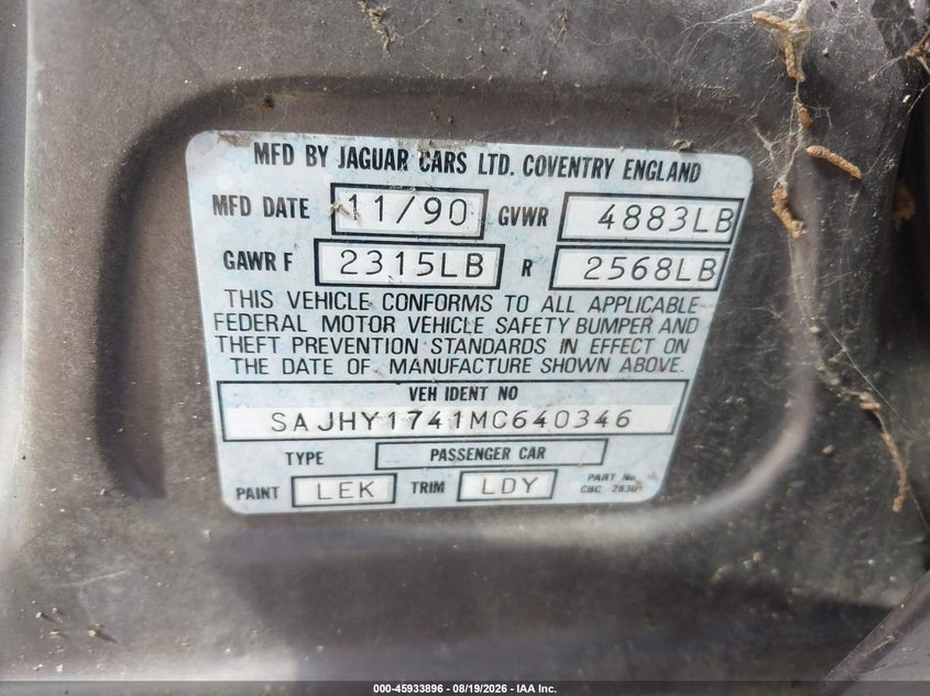 JAGUAR XJ6 1991 VIN SAJHY1741MC640346