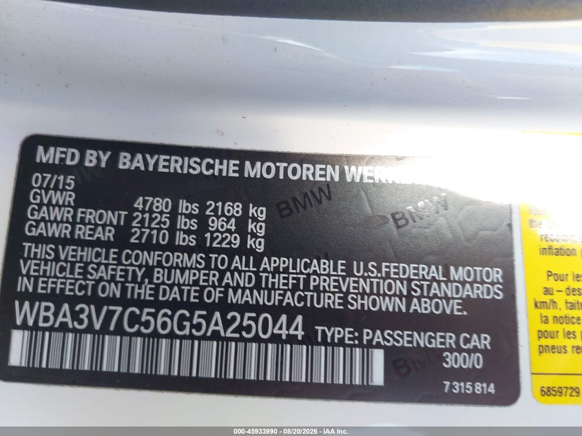 2016 BMW 4ER CABRIO 2.0L I-4 DI, DOHC, VVT, TURBO, 240HP